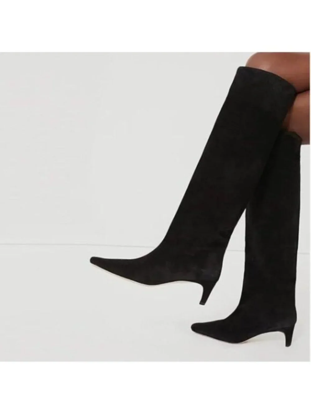 Black Women Low Heel Pull on Knee High Boots Stylish Square Toe Long Boots